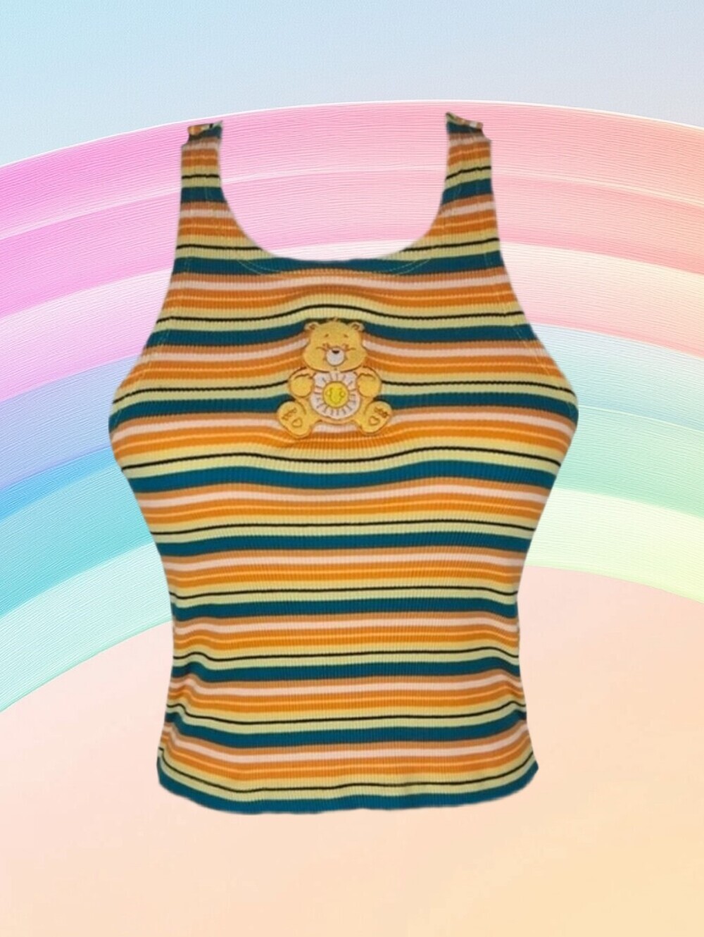 Care Bears Sunshine 80s Style Retro Striped Crop Top Tank Yellow Orange Green, M